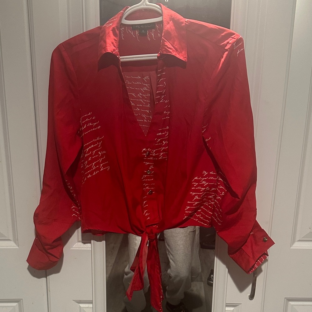 Red Button-Up Blouse with Script Design